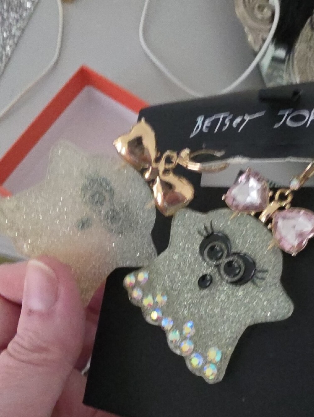 Betsey Johnson Silver Glitter Ghost Earrings with Pink Crystal Tops - Picture 5 of 6